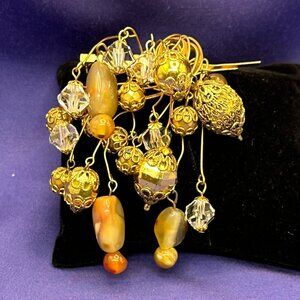Unique & Rare! VTG Austrian-Made Brooch Dangling Crystals & Natural Stone Beads